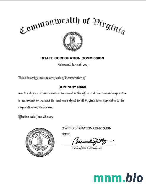 USA Virginia vcertyfikat of inkorporacja Word i szablon PDF